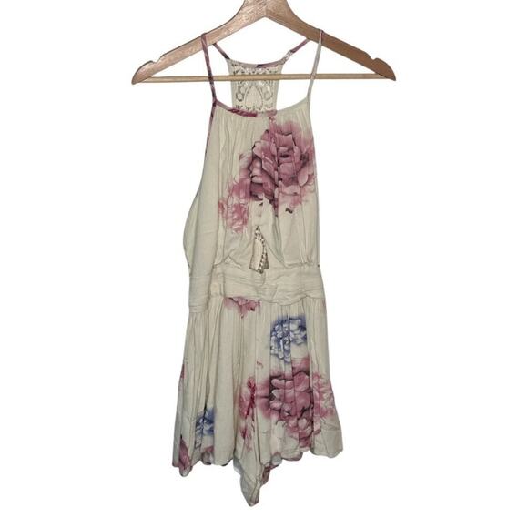 L'Atiste I Cream Pink Floral Crochet Back Boho Romantic Sleeveless Romper I M - Picture 1 of 5